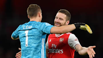 LONDON, ENGLAND - FEBRUARY 16: Bernd Leno of Arsenal and Shkodran Mustafi of Arsenal embrace after the Premier League match between Arsenal FC and Newcastle United at Emirates Stadium on February 16, 2020 in London, United Kingdom. (Photo by Justin Setterfield/Getty Images)