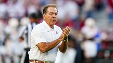 TUSCALOOSA, ALABAMA - OCTOBER 23: Head coach Nick Saban of the Alabama Crimson Tide prior to the game against Tennessee Volunteers at Bryant-Denny Stadium on October 23, 2021 in Tuscaloosa, Alabama. (Photo by Marvin Gentry/Getty Images)