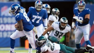 Nov 6, 2016; East Rutherford, NJ, USA; Philadelphia Eagles strong safety Malcolm Jenkins (27) tackles New York Giants tight end Jerell Adams (89) after a catch during the second half at MetLife Stadium. The New York Giants defeat the Philadelphia Eagles 28-23. Mandatory Credit: William Hauser-USA TODAY Sports