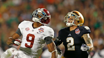 MIAMI GARDENS, FL - JANUARY 7: Amari Cooper #9 of the Alabama Crimson Tide Chris Brown #2 of the Notre Dame Fighting Irish go after a pass during the 2013 Discover BCS National Championship Game at Sun Life Stadium on January 7, 2013 in Miami Gardens, Florida. Alabama defeated Notre Dame 42-14. (Photo by Joel Auerbach/Getty Images)