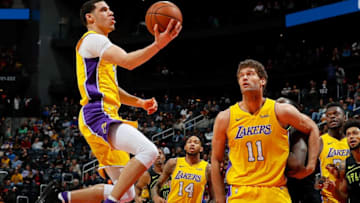 ATLANTA, GA - FEBRUARY 26: Lonzo Ball #2 of the Los Angeles Lakers drives the basket against the Atlanta Hawks at Philips Arena on February 26, 2018 in Atlanta, Georgia. NOTE TO USER: User expressly acknowledges and agrees that, by downloading and or using this photograph, User is consenting to the terms and conditions of the Getty Images License Agreement. (Photo by Kevin C. Cox/Getty Images)