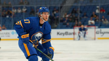 BUFFALO, NY - FEBRUARY 17: Mark Jankowski #17 of the Buffalo Sabres during the game against the Ottawa Senators at KeyBank Center on February 17, 2022 in Buffalo, New York. (Photo by Kevin Hoffman/Getty Images)