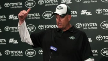 Jun 17, 2014; Florham Park, NJ, USA; New York Jets head coach Rex ryan answers questions from media during minicamp at Jets Atlantic Health Training Center. Mandatory Credit: Noah K. Murray-USA TODAY Sports