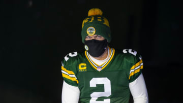Jan 16, 2021; Green Bay, Wisconsin, USA; Green Bay Packers kicker Mason Crosby (2) against the Los Angeles Rams during the NFC Divisional Round at Lambeau Field. Mandatory Credit: Mark J. Rebilas-USA TODAY Sports