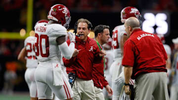ATLANTA, GA - JANUARY 08: Head coach Nick Saban of the Alabama Crimson Tide talks to Mack Wilson