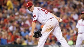 Aug 20, 2016; Philadelphia, PA, USA; Philadelphia Phillies starting pitcher Jeremy Hellickson (58) in action against the St. Louis Cardinals at Citizens Bank Park. Mandatory Credit: Bill Streicher-USA TODAY Sports