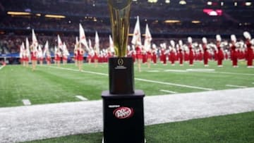 Dec 31, 2015; Arlington, TX, USA; General view of the CFP national championship trophy on display before the 2015 CFP semifinal at the Cotton Bowl between the Alabama Crimson Tide and the Michigan State Spartans at AT&T Stadium. Mandatory Credit: Kevin Jairaj-USA TODAY Sports