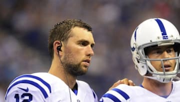 Aug 20, 2016; Indianapolis, IN, USA; Indianapolis Colts quarterbacks Andrew Luck (12), left, and Scott Tolzen (16) on the sidelines in the first half during their game against the Baltimore Ravens at Lucas Oil Stadium. Mandatory Credit: Thomas J. Russo-USA TODAY Sports