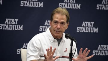 Sep 3, 2016; Arlington, TX, USA; Alabama Crimson Tide head coach Nick Saban speaks to the media after the game against the USC Trojans at AT&T Stadium. Mandatory Credit: Kirby Lee-USA TODAY Sports