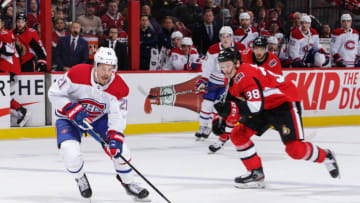 OTTAWA, ON - JANUARY 11: Nick Cousins #21 of the Montreal Canadiens skates with the puck against Rudolfs Balcers #38 of the Ottawa Senators in the first period at Canadian Tire Centre on January 11, 2020 in Ottawa, Ontario, Canada. (Photo by Jana Chytilova/Freestyle Photography/Getty Images)