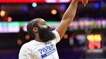 Feb 25, 2023; Philadelphia, Pennsylvania, USA; Philadelphia 76ers guard James Harden (1) during warmups against the Boston Celtics at Wells Fargo Center. Mandatory Credit: Eric Hartline-USA TODAY Sports