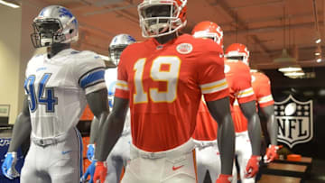 Oct 31, 2015; London, United Kingdom; General view of mannequins with the helmets and uniforms of Kansas City Chiefs running back receiver Jeremy Maclin (19) and Detroit Lions defensive end Ezekiel Ansah (94) at the Nike Outlet store at the London Designer Outlet. Mandatory Credit: Kirby Lee-USA TODAY Sports