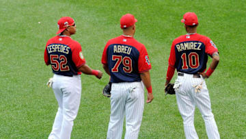 MINNEAPOLIS, MN - JULY 14: (R-L) American League All-Stars Alexei Ramirez #10 of the Chicago White Sox, Jose Abreu #79 of the Chicago White Sox, and Yoenis Cespedes #52 of the Oakland Athletics during the Gatorade All-Star Workout Day at Target Field on July 14, 2014 in Minneapolis, Minnesota. (Photo by Hannah Foslien/Getty Images)