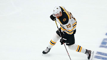 ST LOUIS, MISSOURI - JUNE 09: Joakim Nordstrom #20 of the Boston Bruins attempts a shot against the St. Louis Blues during the third period in Game Six of the 2019 NHL Stanley Cup Final at Enterprise Center on June 09, 2019 in St Louis, Missouri. (Photo by Dilip Vishwanat/Getty Images)