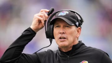 Oct 23, 2021; Lawrence, Kansas, USA; Kansas Jayhawks head coach Lance Leipold reacts during the first half against the Oklahoma Sooners at David Booth Kansas Memorial Stadium. Mandatory Credit: Jay Biggerstaff-USA TODAY Sports