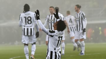 BOLOGNA, ITALY - DECEMBER 18: Juan Cuadrado of Juventus FC celebrates after scoring goal 0-2 during the Serie A match between Bologna FC and Juventus at Stadio Renato Dall'Ara on December 18, 2021 in Bologna, Italy. (Photo by Giuseppe Bellini/Getty Images)