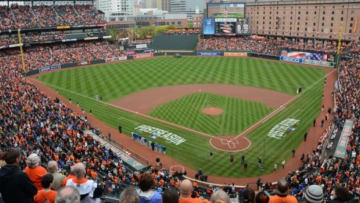 Oct 11, 2014; Baltimore, MD, USA; A general view during the National Anthem before game two of the 2014 ALCS playoff between the Kansas City Royals and Baltimore Orioles at Oriole Park at Camden Yards. Mandatory Credit: David Cooper-USA TODAY Sports