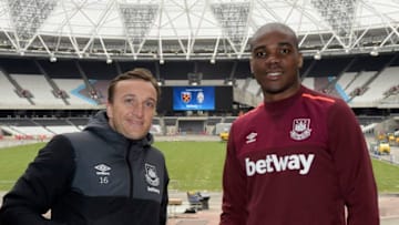 LONDON, ENGLAND - APRIL 25: Mark Noble and Angelo Ogbonna of West Ham United pose at the announcement of their first fixture on August 7 against Juventus in the Betway Cup at The Stadium - Queen Elizabeth Olympic Park on April 25, 2016 in London, England. (Photo by Arfa Griffiths/West Ham United via Getty Images)