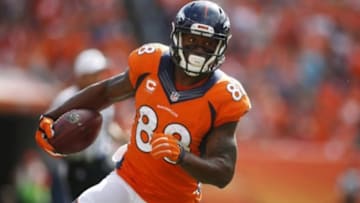 Sep 14, 2014; Denver, CO, USA; Denver Broncos wide receiver Demaryius Thomas (88) catches a pass during the second half against the Kansas City Chiefs at Sports Authority Field at Mile High. Mandatory Credit: Chris Humphreys-USA TODAY Sports