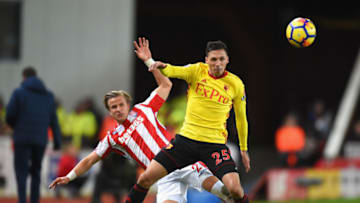 STOKE ON TRENT, ENGLAND - JANUARY 31: Moritz Bauer of Stoke City challenges Jose Holebas of Watford during the Premier League match between Stoke City and Watford at Bet365 Stadium on January 31, 2018 in Stoke on Trent, England. (Photo by Tony Marshall/Getty Images)