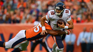 DENVER, CO - AUGUST 18: Linebacker Bradley Chubb #55 of the Denver Broncos sacks quarterback Mitchell Trubisky #10 of the Chicago Bears in the end zone for a first quarter safety during an NFL preseason game at Broncos Stadium at Mile High on August 18, 2018 in Denver, Colorado. (Photo by Dustin Bradford/Getty Images)
