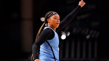 Jan 28, 2022; Las Vegas, Nevada, USA; Team Sims guard Odyssey Sims (99) reacts after a teammate scores during the fourth quarter against Team Mitchell at Athletes Unlimited Arena. Mandatory Credit: Lucas Peltier-USA TODAY Sports