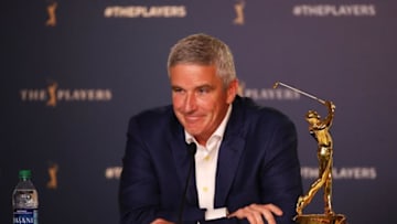 PONTE VEDRA BEACH, FLORIDA - MARCH 13: PGA TOUR Commissioner Jay Monahan speaks to the media during a practice round for The PLAYERS Championship on The Stadium Course at TPC Sawgrass on March 13, 2019 in Ponte Vedra Beach, Florida. (Photo by Gregory Shamus/Getty Images)
