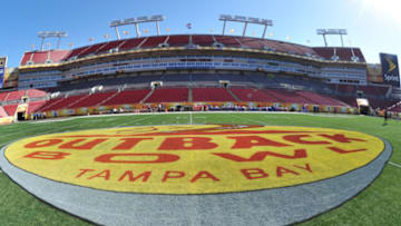 TAMPA, FL - JANUARY 1: Logos decorate the field before the Florida Gators play against the Penn State Nittany Lions January 1, 2011 in the 25th Outback Bowl at Raymond James Stadium in Tampa, Florida. (Photo by Al Messerschmidt/Getty Images)