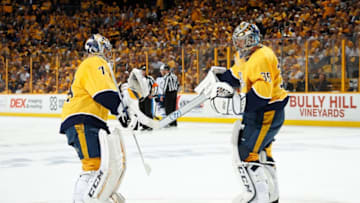 NASHVILLE, TN - MAY 10: Juuse Saros #74 replaces Pekka Rinne #35 of the Nashville Predators in net during the first period of Game Seven of the Western Conference Second Round against the Winnipeg Jets during the 2018 NHL Stanley Cup Playoffs at Bridgestone Arena on May 10, 2018 in Nashville, Tennessee. (Photo by John Russell/NHLI via Getty Images)