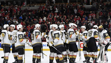 CHICAGO, IL - JANUARY 05: The Vegas Golden Knights celebrate after defeating the Chicago Blackhawks 5-4 at the United Center on January 5, 2018 in Chicago, Illinois. (Photo by Bill Smith/NHLI via Getty Images)