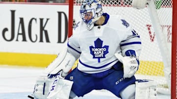Apr 7, 2016; Philadelphia, PA, USA; Toronto Maple Leafs goalie Jonathan Bernier (45) makes a save against the Philadelphia Flyers during the second period at Wells Fargo Center. Mandatory Credit: Eric Hartline-USA TODAY Sports