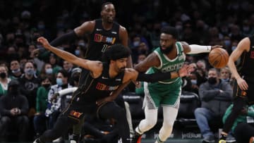 Miami Heat guard Gabe Vincent (2) reaches in on Boston Celtics guard Jaylen Brown (7)( Winslow Townson-USA TODAY Sports)