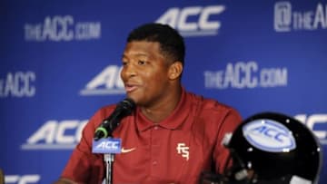 Jul 20, 2014; Greensboro, NC, USA; Florida State Seminoles quarterback Jameis Winston addresses the media during the ACC football media day at the Grandover Resort. Mandatory Credit: Sam Sharpe-USA TODAY Sports