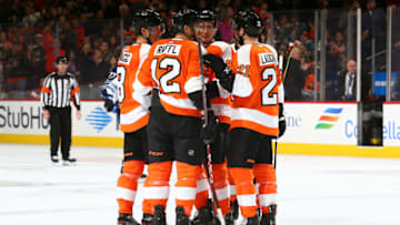 Robert Hagg, Michael Raffl, Tyler Pitlick, and Scott Laughton, Philadelphia Flyers (Photo by Mitchell Leff/Getty Images)