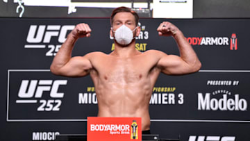 LAS VEGAS, NEVADA - AUGUST 14: In this handout image provided by UFC, Stipe Miocic poses on the scale during the UFC 252 weigh-in at UFC APEX on August 14, 2020 in Las Vegas, Nevada. (Photo by Jeff Bottari/Zuffa LLC via Getty Images)