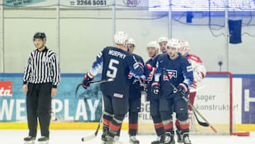US players celebrate after Will Butcher scored to 1-0 during the Ice Hockey friendly match between Denmark and the United States, Kvik Hockey Arena in Herning, Denmark, on May 1, 2018. (Photo by Bo Amstrup / Ritzau Scanpix / AFP) / Denmark OUT (Photo credit should read BO AMSTRUP/AFP/Getty Images)