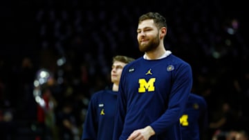 PISCATAWAY, NJ - FEBRUARY 23: Hunter Dickinson #1 of the Michigan Wolverines warms up before a game against the Rutgers Scarlet Knights at Jersey Mike's Arena on February 23, 2023 in Piscataway, New Jersey. (Photo by Rich Schultz/Getty Images)