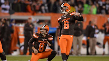 Nov 30, 2015; Cleveland, OH, USA; Cleveland Browns punter Andy Lee (8) and Cleveland Browns kicker Travis Coons (6) during the second quarter at FirstEnergy Stadium. Mandatory Credit: Ken Blaze-USA TODAY Sports