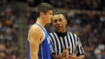 Jan 10, 2017; Tallahassee, FL, USA; Duke Blue Devils guard Grayson Allen (3) speaks to a referee during the first half against the Florida State Seminoles at the Donald L. Tucker Center. Mandatory Credit: Melina Vastola-USA TODAY Sports