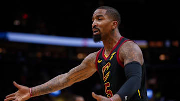 CLEVELAND, OH - JANUARY 15: JR Smith No. 5 of the Cleveland Cavaliers protests a call during the game against the Golden State Warriors at Quicken Loans Arena on January 15, 2018 in Cleveland, Ohio. NOTE TO USER: User expressly acknowledges and agrees that, by downloading and or using this photograph, User is consenting to the terms and conditions of the Getty Images License Agreement.(Photo by Michael Hickey/Getty Images)