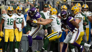 MINNEAPOLIS, MN - OCTOBER 15: Harrison Smith #22 of the Minnesota Vikings is forced out of bounds by Jordy Nelson #87 of the Green Bay Packers after an interception during the fourth quarter of the game on October 15, 2017 at US Bank Stadium in Minneapolis, Minnesota. (Photo by Hannah Foslien/Getty Images)