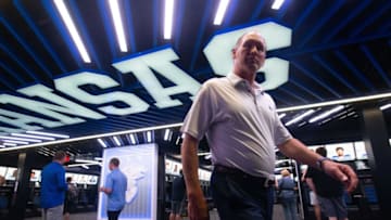 Kansas football head coach Lance Leipold walks out of the newly designed locker room at the Anderson Family Football Complex on Tuesday after talking with members of the media.