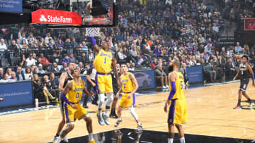 SACRAMENTO, CA - NOVEMBER 10: Kentavious Caldwell-Pope #1 of the Los Angeles Lakers shoots the ball against the Sacramento Kings on November 10, 2018 at Golden 1 Center in Sacramento, California. NOTE TO USER: User expressly acknowledges and agrees that, by downloading and/or using this photograph, user is consenting to the terms and conditions of the Getty Images License Agreement. Mandatory Copyright Notice: Copyright 2018 NBAE (Photo by Andrew D. Bernstein/NBAE via Getty Images)