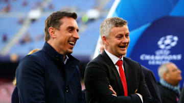 BARCELONA, SPAIN - APRIL 16: Manager of Manchester United Ole Gunnar Solskjaer shares a joke with Gary Neville before the UEFA Champions League Quarter Final second leg match between FC Barcelona and Manchester United at Camp Nou on April 16, 2019 in Barcelona, Spain. (Photo by Chris Brunskill/Fantasista/Getty Images)