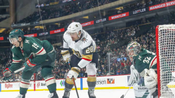 SAINT PAUL, MN - FEBRUARY 11: Luke Kunin #19 an Alex Stalock #32 of the Minnesota Wild defend against Chandler Stephenson #20 of the Vegas Golden Knights during the game at the Xcel Energy Center on February 11, 2019 in Saint Paul, Minnesota. (Photo by Bruce Kluckhohn/NHLI via Getty Images)