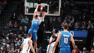 BROOKLYN, NY - APRIL 1: Aaron Gordon #00 of the Orlando Magic dunks against the Brooklyn Nets during the game on April 1, 2017 at Barclays Center in Brooklyn, New York. NOTE TO USER: User expressly acknowledges and agrees that, by downloading and or using this Photograph, user is consenting to the terms and conditions of the Getty Images License Agreement. Mandatory Copyright Notice: Copyright 2017 NBAE (Photo by Nathaniel S. Butler/NBAE via Getty Images)