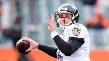 Jan 3, 2016; Cincinnati, OH, USA; Baltimore Ravens quarterback Matt Schaub (8) warms up before the game against Cincinnati Bengals at Paul Brown Stadium. Mandatory Credit: Joshua Lindsey-USA TODAY Sports