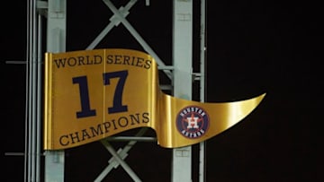 HOUSTON, TX - APRIL 2: The Houston Astros 2017 World Series Championship banner is displayed in the outfield against the Baltimore Orioles at Minute Maid Park on Monday, April 2, 2018 in Houston, Texas. (Photo by Cooper Neill/MLB via Getty Images)