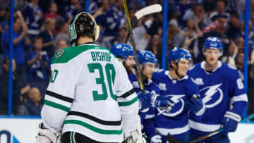 TAMPA, FL - NOVEMBER 16: The Tampa Bay Lightning celebrate a goal against goalie Ben Bishop