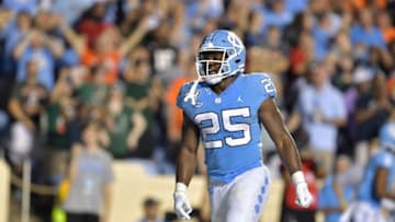CHAPEL HILL, NORTH CAROLINA - SEPTEMBER 07: Javonte Williams #25 of the North Carolina Tar Heels reacts against the Miami Hurricanes during their game at Kenan Stadium on September 07, 2019 in Chapel Hill, North Carolina. North Carolina won 28-25. (Photo by Grant Halverson/Getty Images)